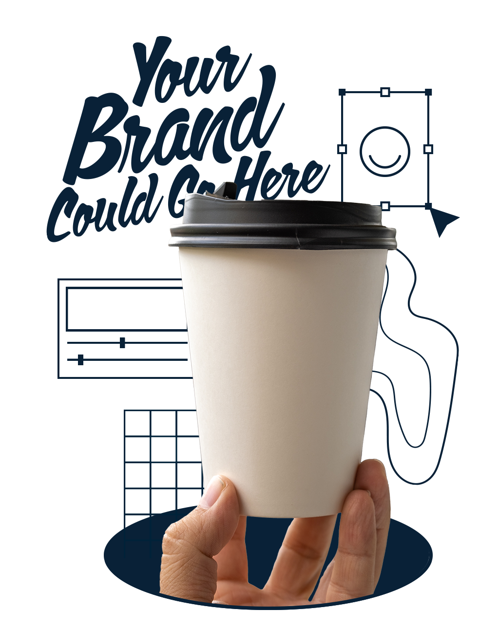 White coffee cup branding graphic with the word your brand could go here